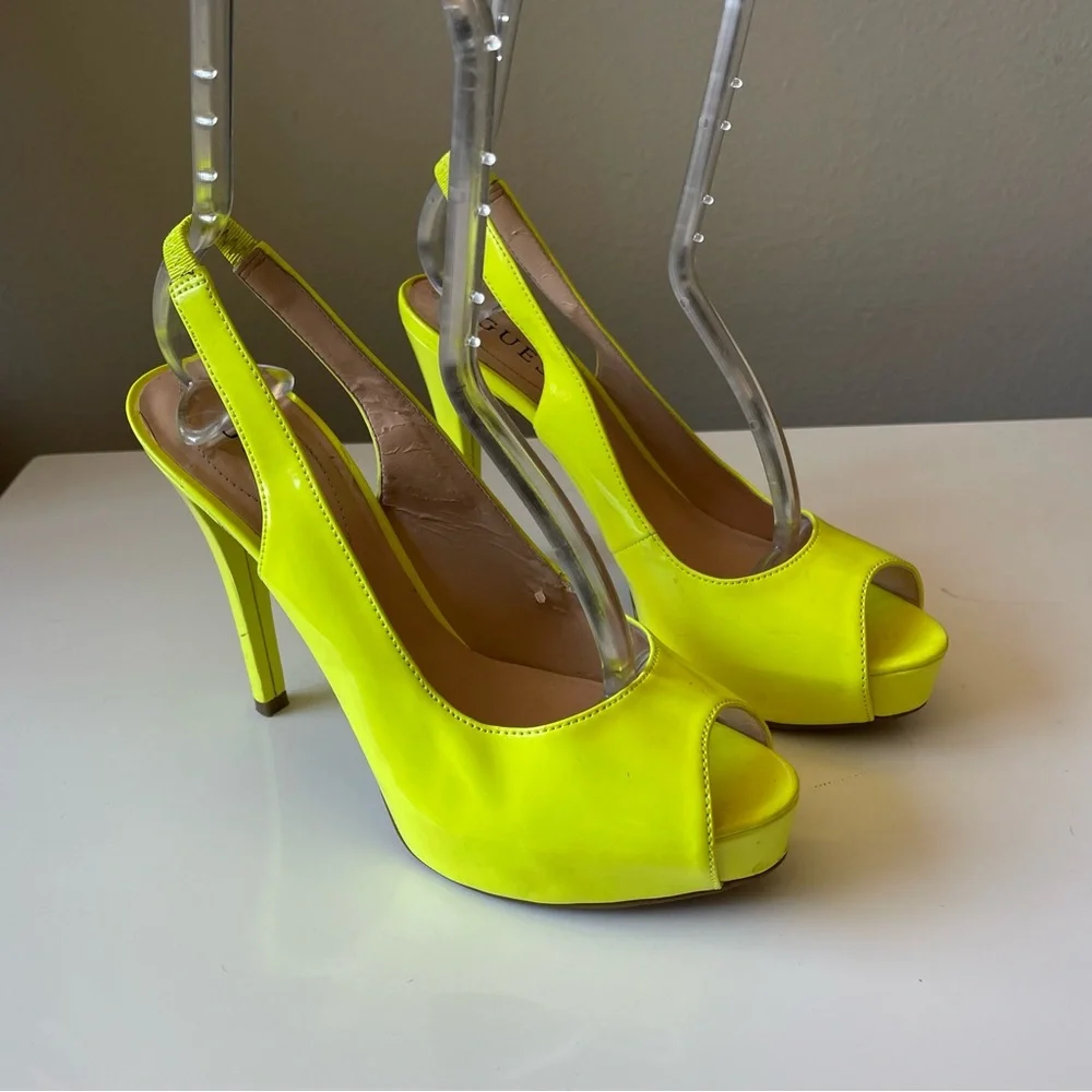 GUESS ‎ neon yellow peep toe stilleto sling back heels